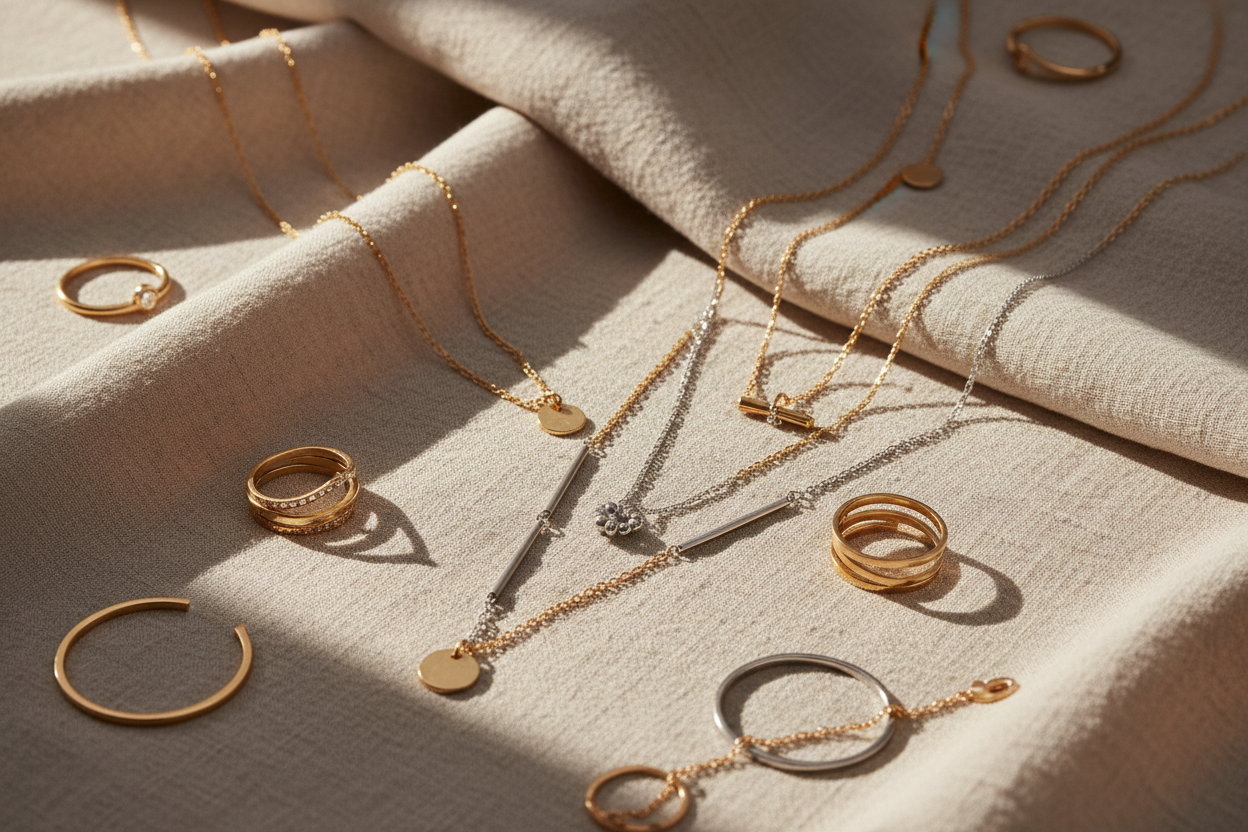 Creative flat-lay or elegant display of layered necklaces, rings, and bracelets arranged on soft neutral backgrounds, warm natural light, shallow depth of field, Scandinavian minimalist luxury style, soft shadows and subtle highlights to emphasize details, clean and balanced compositionhighlighting versatile styling and premium feel

