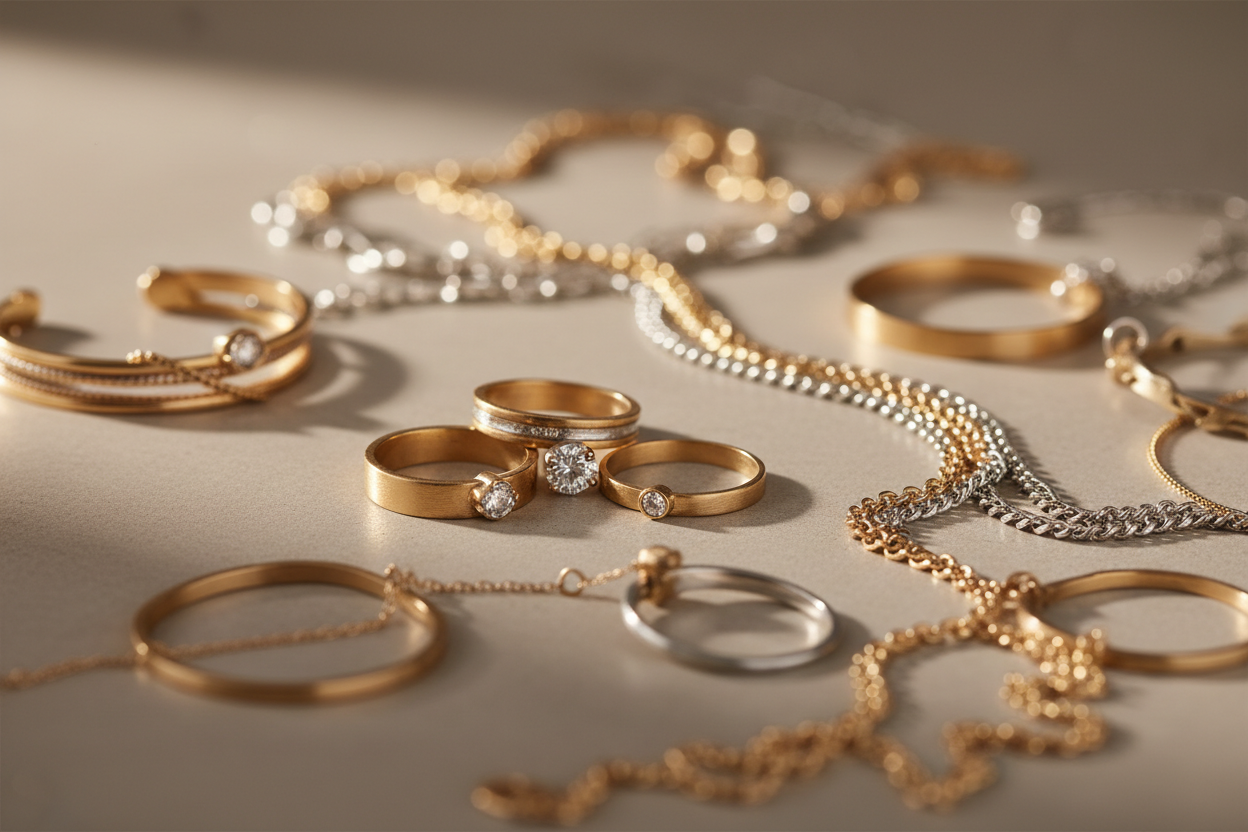 Macro shot of gold and silver rings, bracelets, and necklaces on minimalistic neutral background, soft warm lighting highlighting sparkle, texture, and intricate details, Scandinavian-inspired editorial style, shallow depth of field, subtle reflections on jewelry surfaces, clean and elegant composition, ample negative space for text overlay, premium craftsmanship focus
